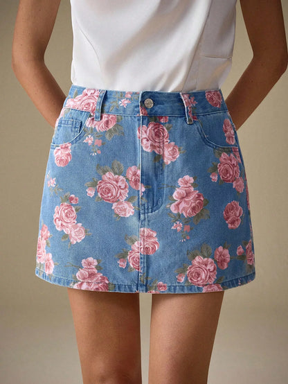 Floral Print Denim Skirt Light