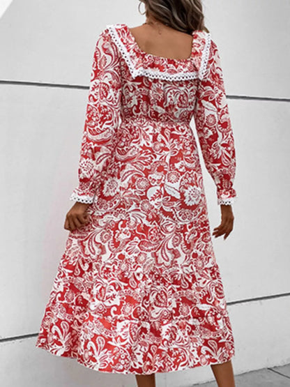 Printed Square Neck Long Sleeve Dress