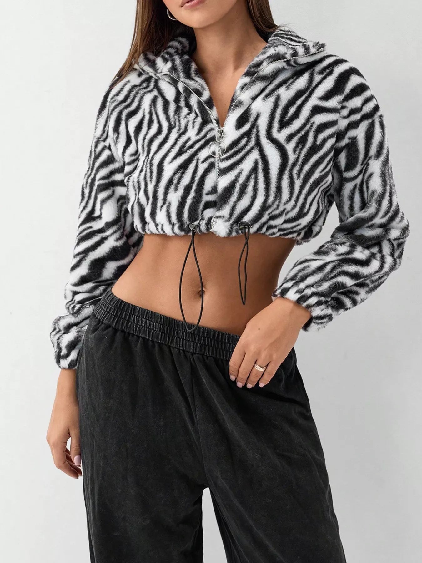 Zebra Print Plush Cropped Jacket Black