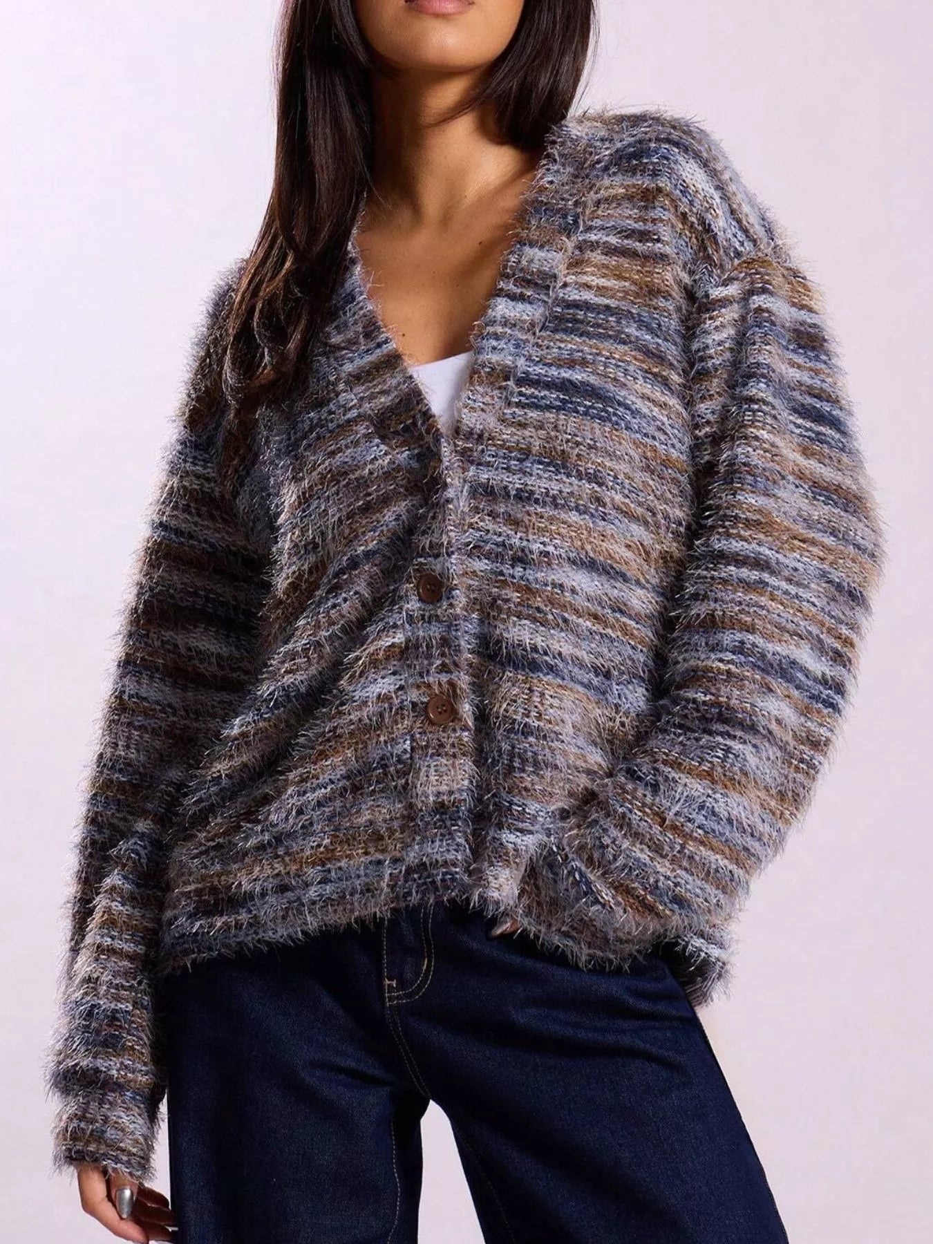 Chunky Knit V-Neck Button-Up Cardigan Dark Gray