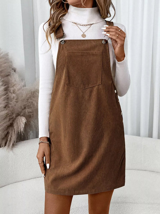Corduroy Overall Mini Dress with Adjustable Straps Brown