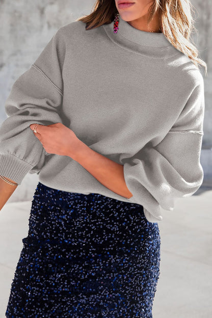 Mock Neck Dropped Shoulder Sweater Gray