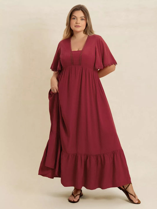 Plus Size Lace Detail Flutter Sleeve Maxi Dress Burgundy