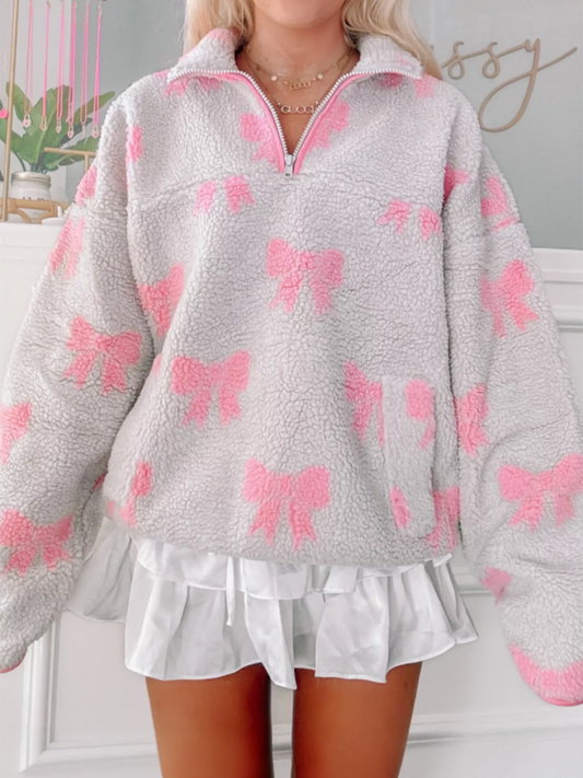 Bow Zip Collar Fleece Sweatshirt Light Gray