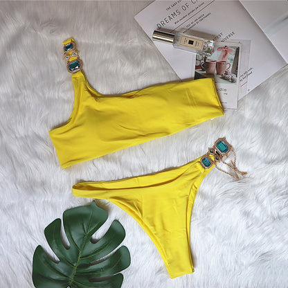 Swimsuit Luxury Crystal Diamond Chain Women Split Swimsuit Plain One Shoulder Sexy Bikini Yellow
