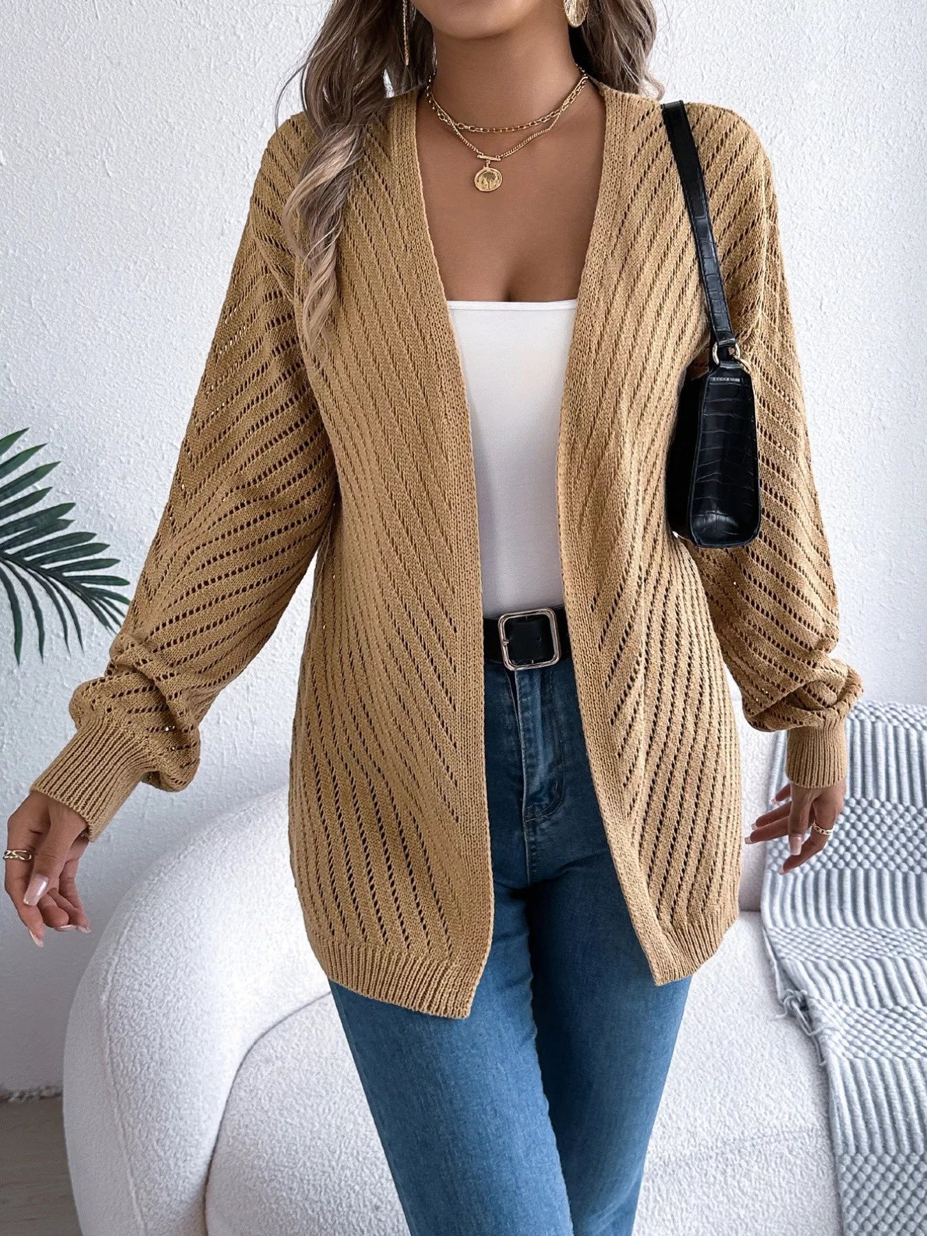 Openwork Open-Front Long Sleeve Cardigan
