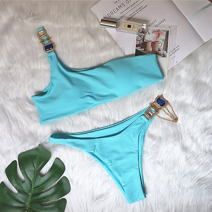 Swimsuit Luxury Crystal Diamond Chain Women Split Swimsuit Plain One Shoulder Sexy Bikini Blue