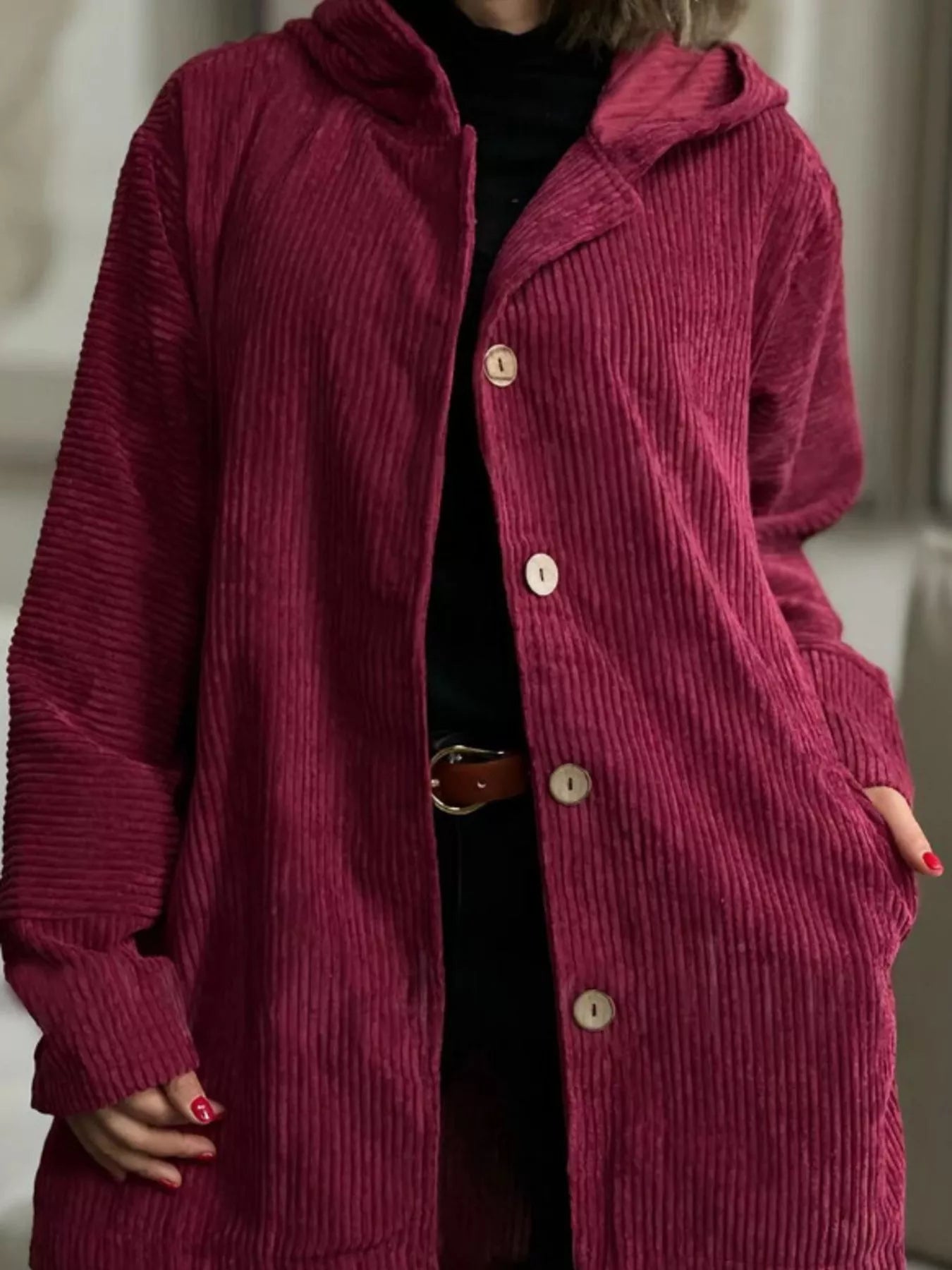 Full Size Corduroy Button Up Hooded Jacket Plus Size