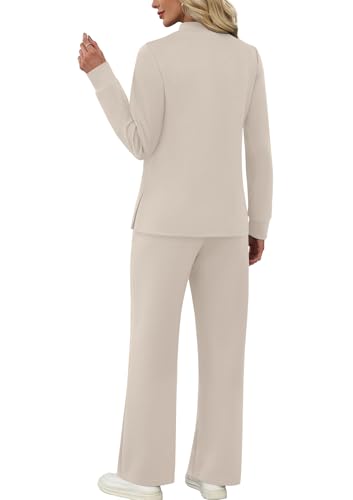 WIHOLL Lounge Sets for Women 2 Piece Spring Outfits 2026 Business Casual Outfits Travel Vacation Summer Fall Winter 2025 Wide Leg Crop Pants Mock Neck Valentines Day Khaki XL