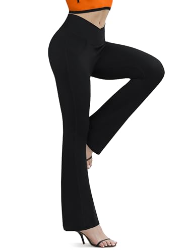 Boerfmian Flare Leggings for Women Yoga Pants with Pockets High Waisted Crossover Flare Leggings Bootcut Casual Yoga Pants Black