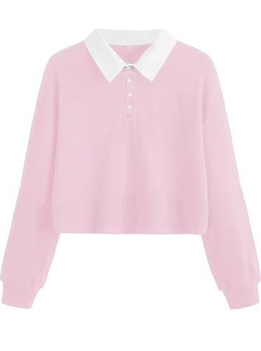 Natalie Winters Dress - Remidoo Women's Collared Half Button Long Sleeve Striped Crop Top Sweatshirt X-Small Light Pink