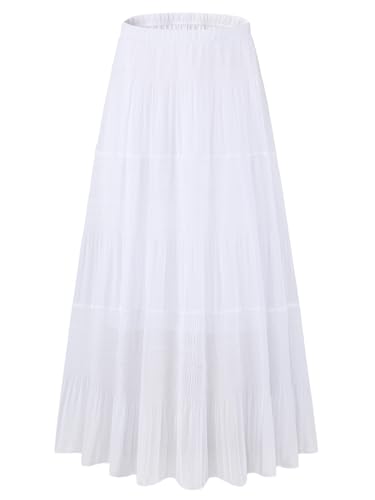 Shestellar Women's Floral Pleated Long Maxi Skirt | High Waist A-Line Flowy Summer Vacation Skirt - White M