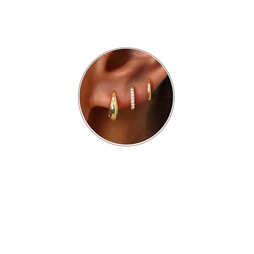 Poxtex Small 14K Gold Plated Huggie Hoop Earrings Set for Women, Hypoallergenic Trendy Hoops Stacks for Multiple Piercings, Dainty Cute Mini Lightweight Cartilage Helix Jewelry Gift Sensitive Ears