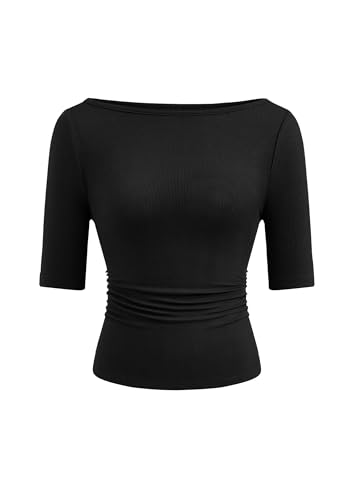 PRETTYGARDEN Womens Summer Short Sleeve Tops Boat Neck Ribbed Knit Slim Fit T Shirt Casual Basic Top 2026 Spring Clothes (Black,Large)