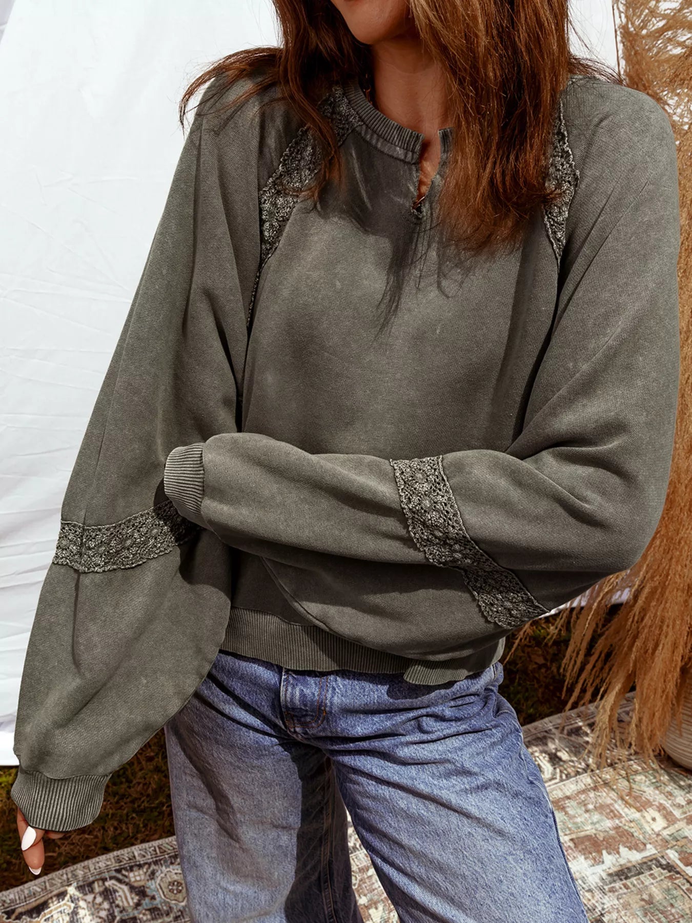 Lace Patchwork Detail Notched Mineral Wash Sweatshirt Army Green