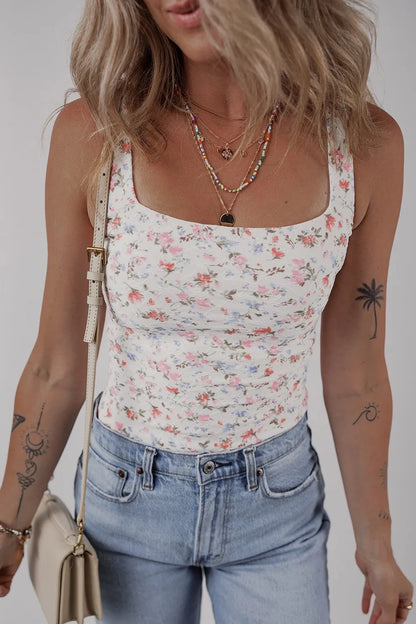 Floral Textured Square Neck Sleeveless Bodysuit Floral