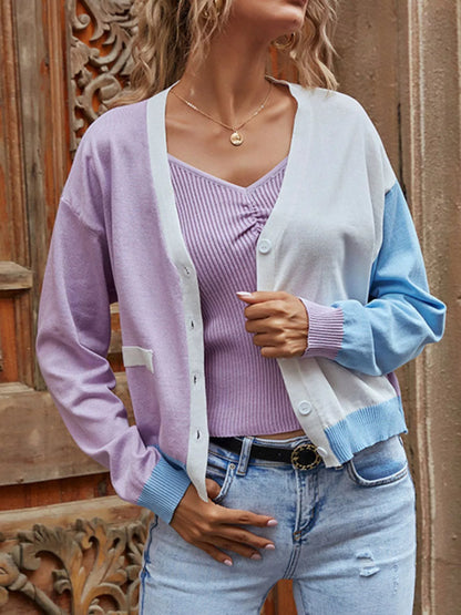 Color Block Button Up Cardigan