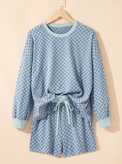 Checkerboard Long Sleeve Pullover and Shorts Set