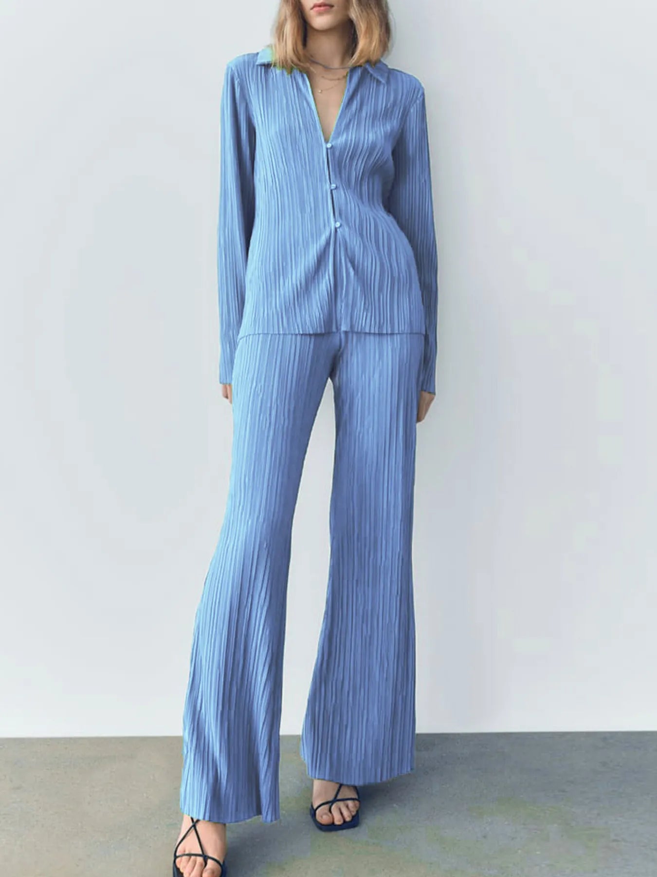 Texture Long Sleeve Top and Pants Lounge Set Blue