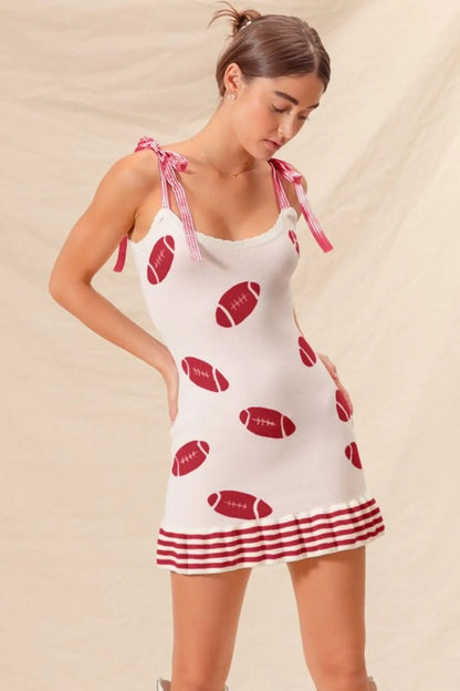 SO ME Gameday Football Knitted Mini Dress IVORY RED