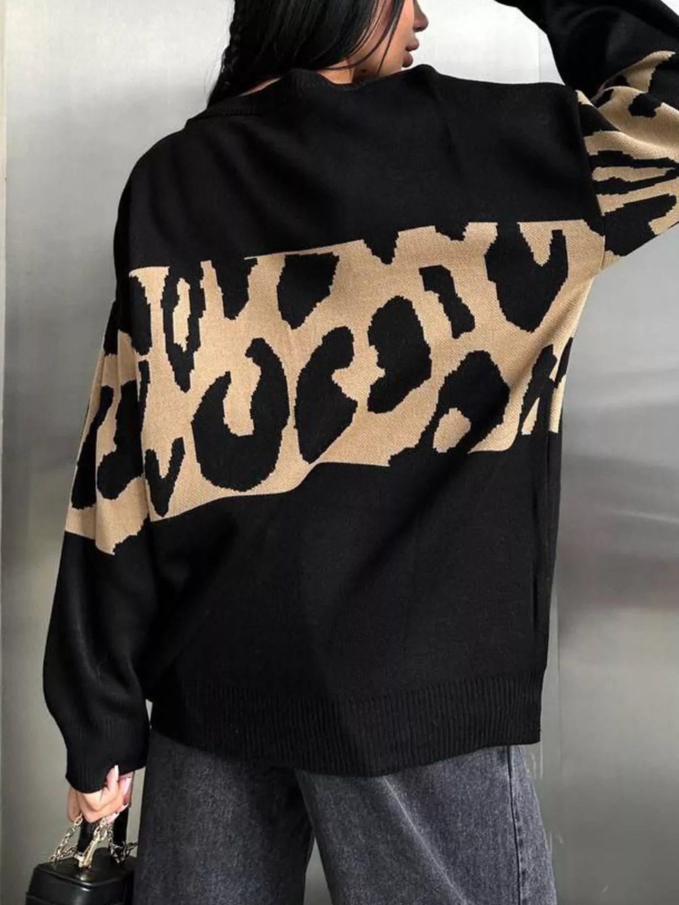 Leopard Color Block Round Neck Sweater