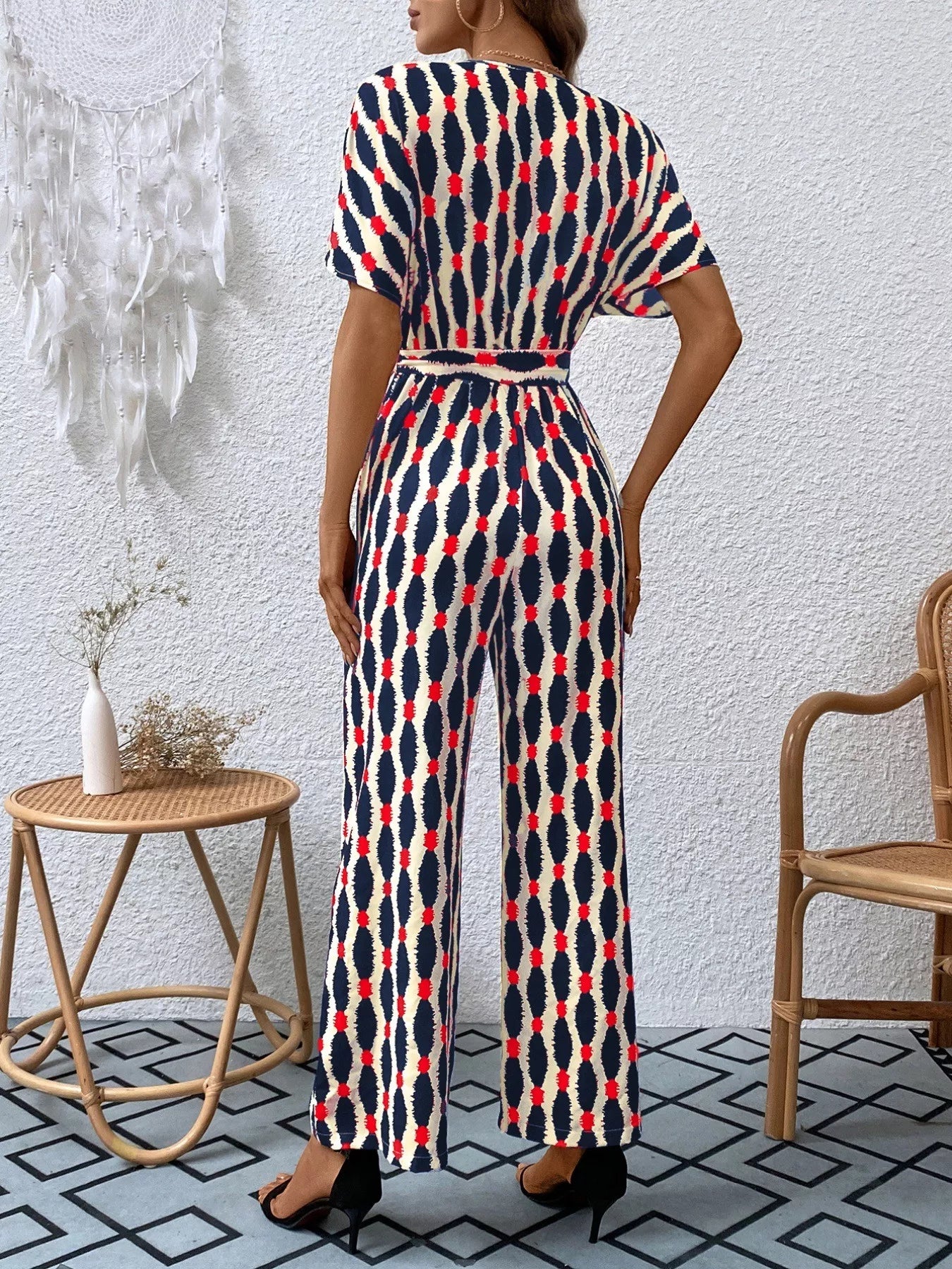 Printed Surplice Tie Waist Short Sleeve Jumpsuit