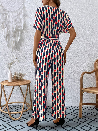 Printed Surplice Tie Waist Short Sleeve Jumpsuit
