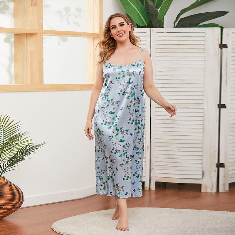 Plus Size Sling Dress Women Satin Loose Nightdress Girls Wearable Light Blue