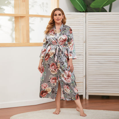Plus Size Spring Autumn Artificial Silk Women Thin Long-Sleeved Home Wear Can Be Worn outside Nightgown Gray