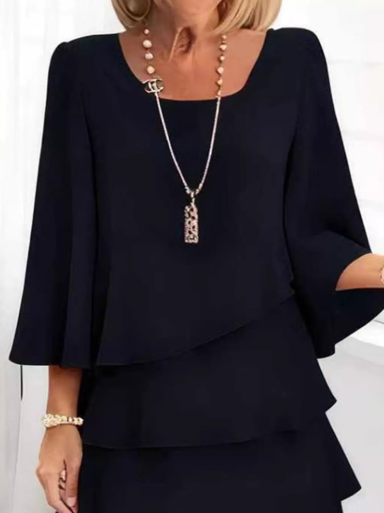 Full Size Ruffled Layered 3/4 Sleeve Dress Plus Size