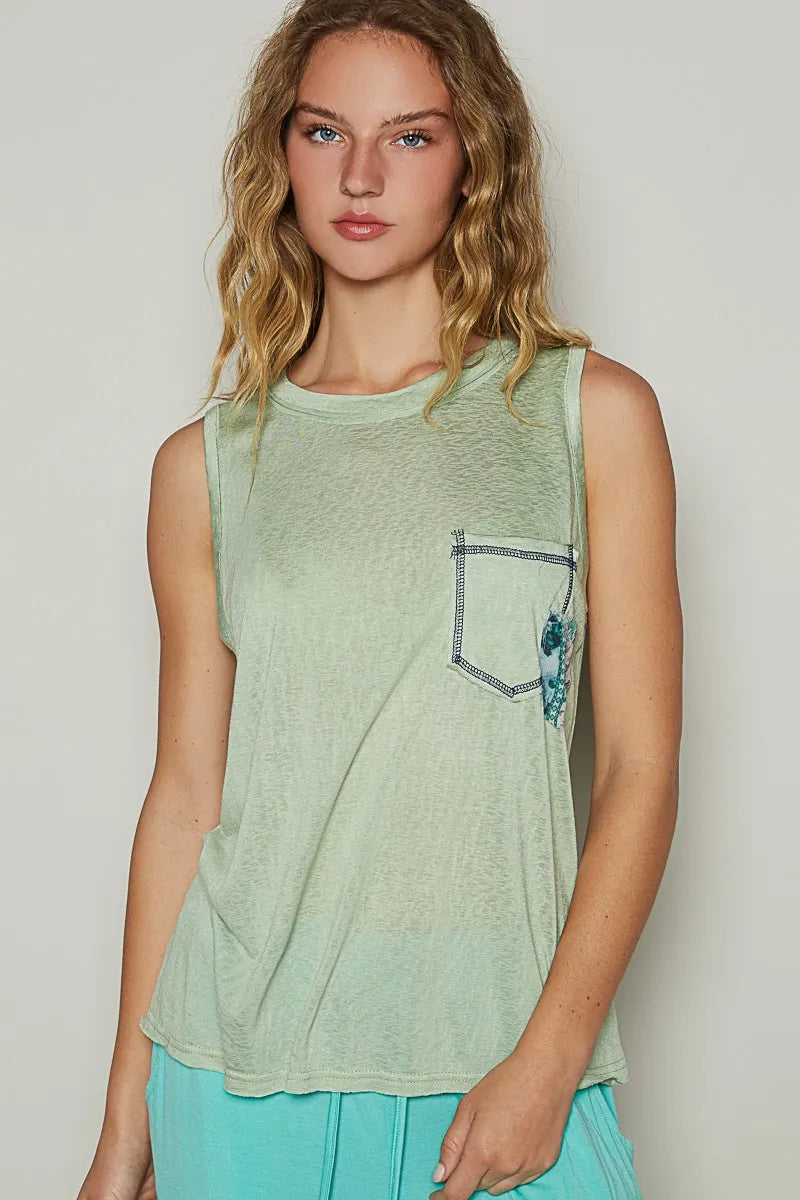 POL Floral Detail Pocket Patch Tank Top Gum Leaf