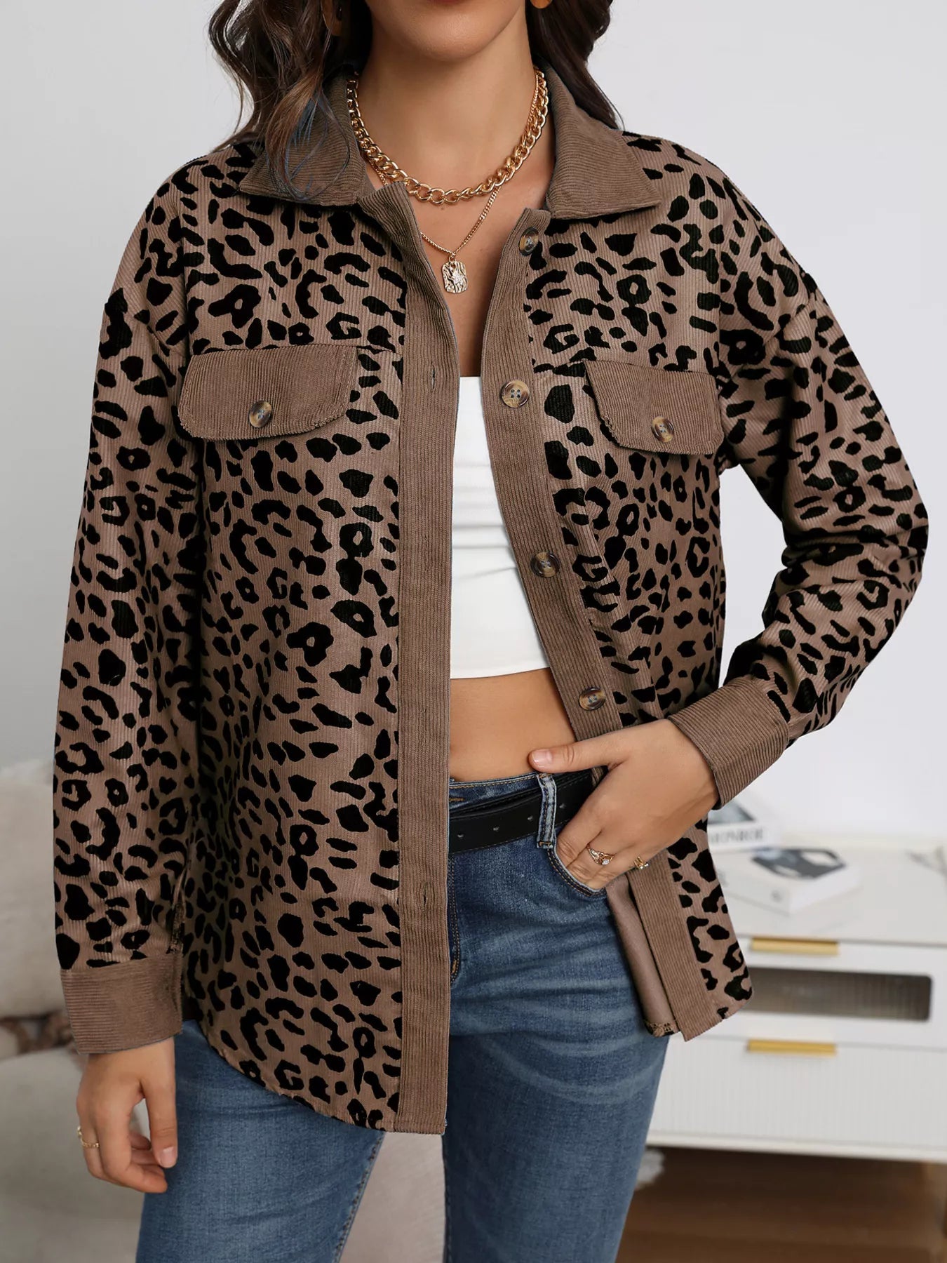 Full Size Leopard Print Button-Down Jacket Plus Size Brown