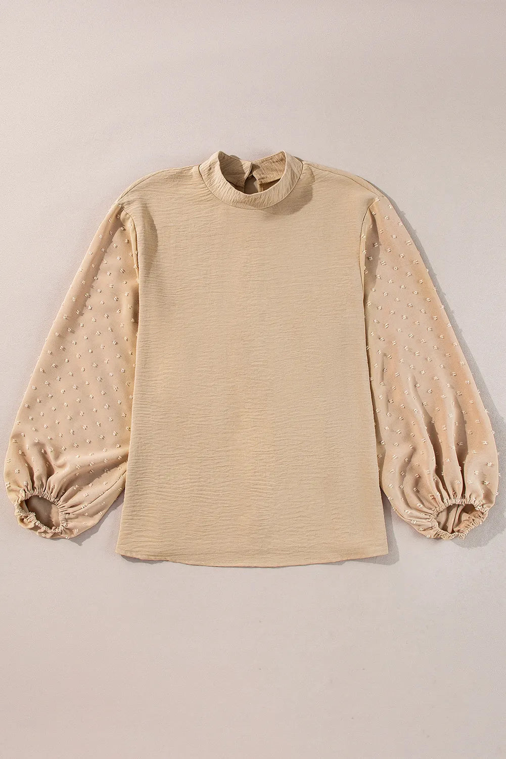Swiss Dot Mock Neck Balloon Sleeve Blouse Tan