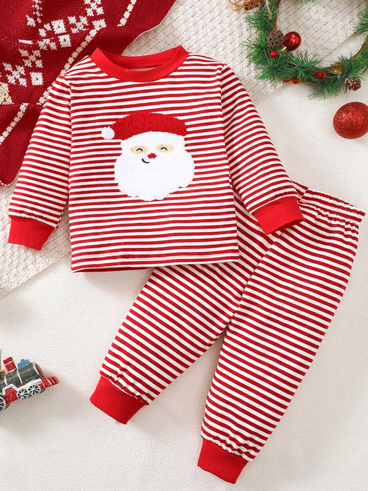 Children's Christmas Santa Striped Pajama Set Deep Red