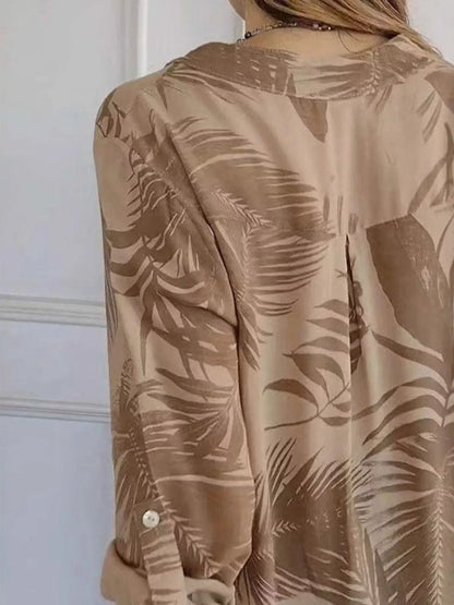 Full Size Printed Button Detail Long Sleeve Blouse Plus Size