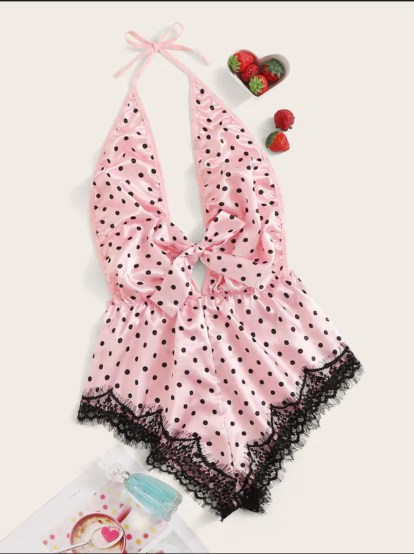 Sexy Lace Pink Spot Eyelash Lace Sexy Jumpsuit