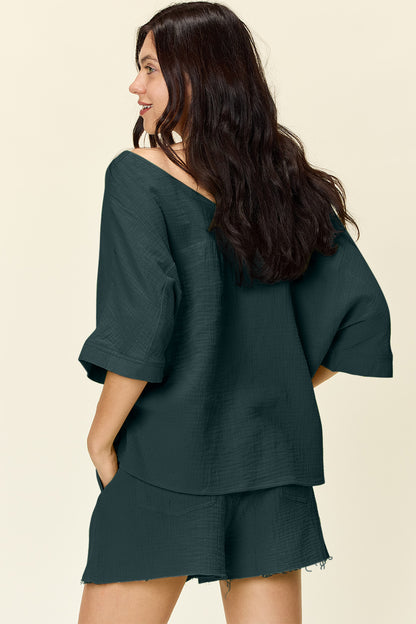 Textured Cotton T-Shirt and Drawstring Shorts Set