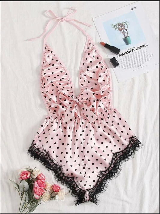 Sexy Lace Pink Spot Eyelash Lace Sexy Jumpsuit