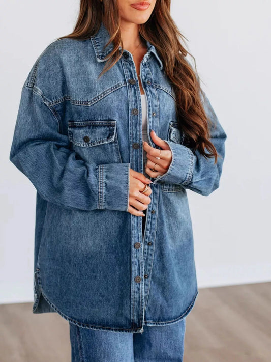 Snap Down Dropped Shoulder Denim Jacket Dark Blue