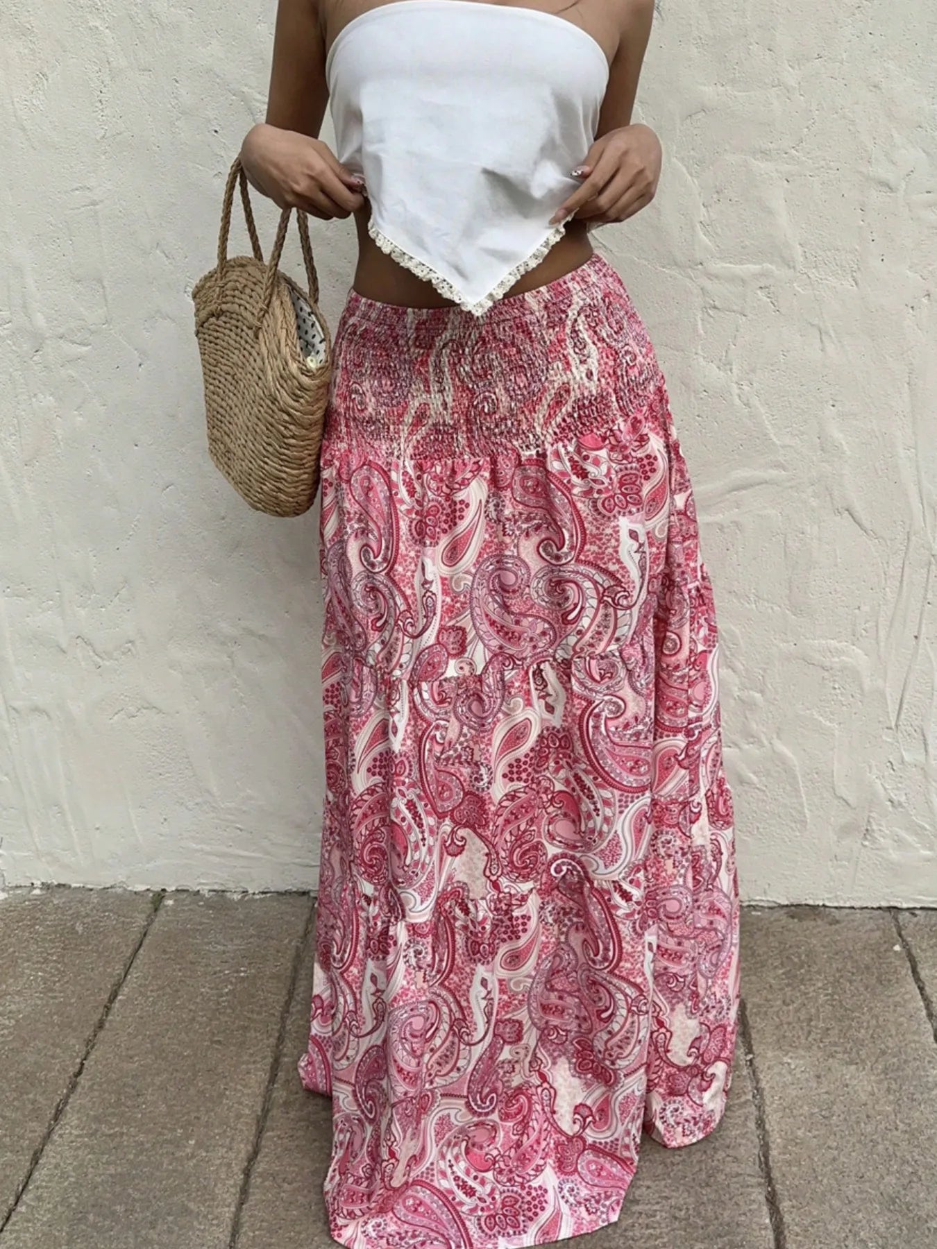 Smocked Printed Maxi Skirt Dusty Pink