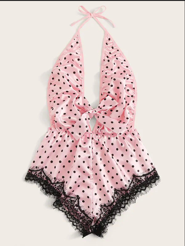 Sexy Lace Pink Spot Eyelash Lace Sexy Jumpsuit