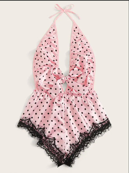 Sexy Lace Pink Spot Eyelash Lace Sexy Jumpsuit Pink