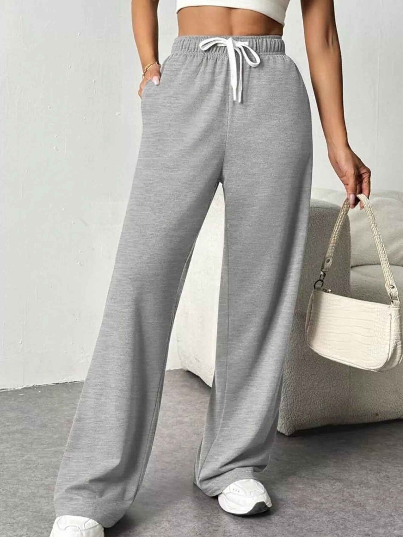 Drawstring Wide Leg Pants Gray