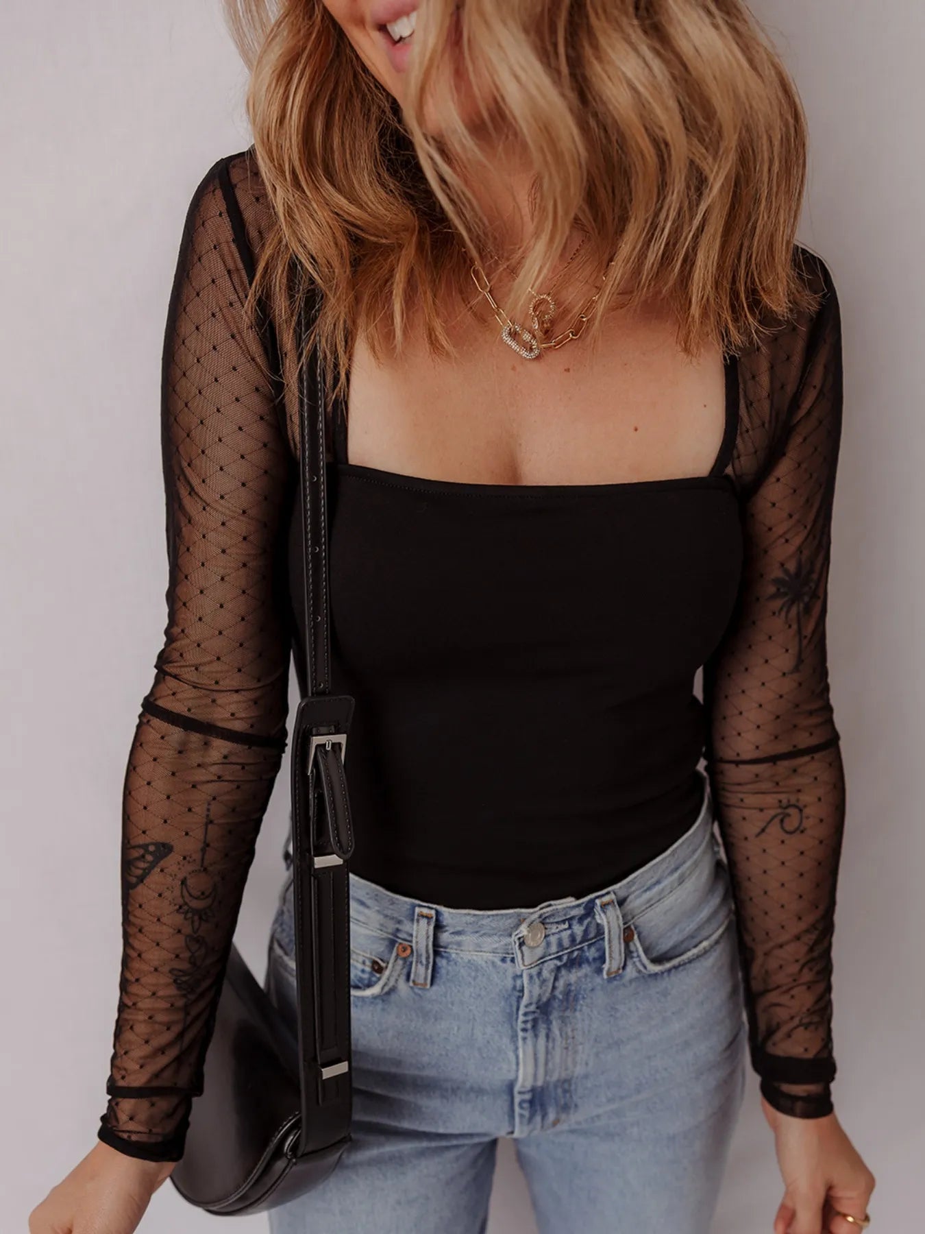 Mesh Sleeve Square Neck Bodysuit