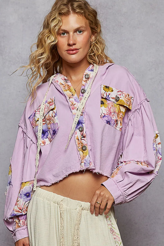 POL Raw Hem Floral Print Cropped Hooded Jacket Pink Purple