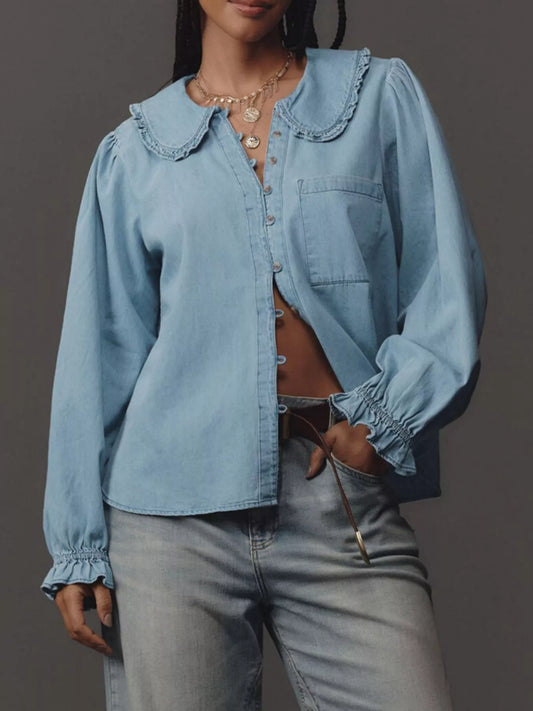 Peter Pan Collar Ruffled Denim Shirt Blue