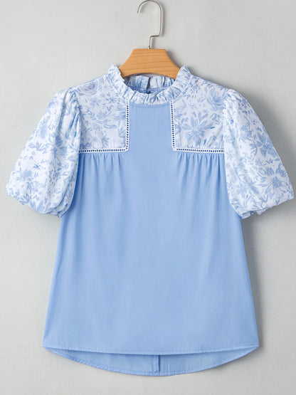Lace Insert Floral Puff Sleeve Patchwork Loose Blouse