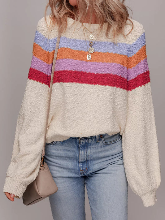 Striped Color Block Loose Sleeve Sweater Beige