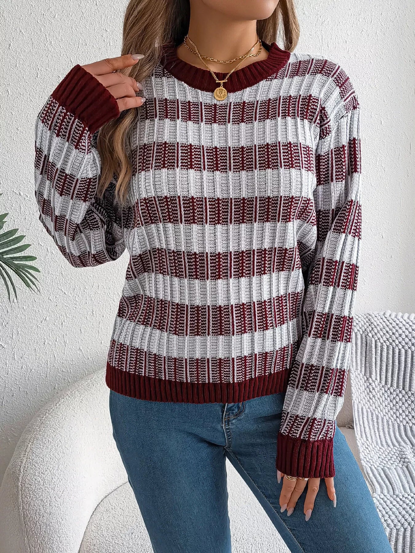 Striped Round Neck Long Sleeve Sweater