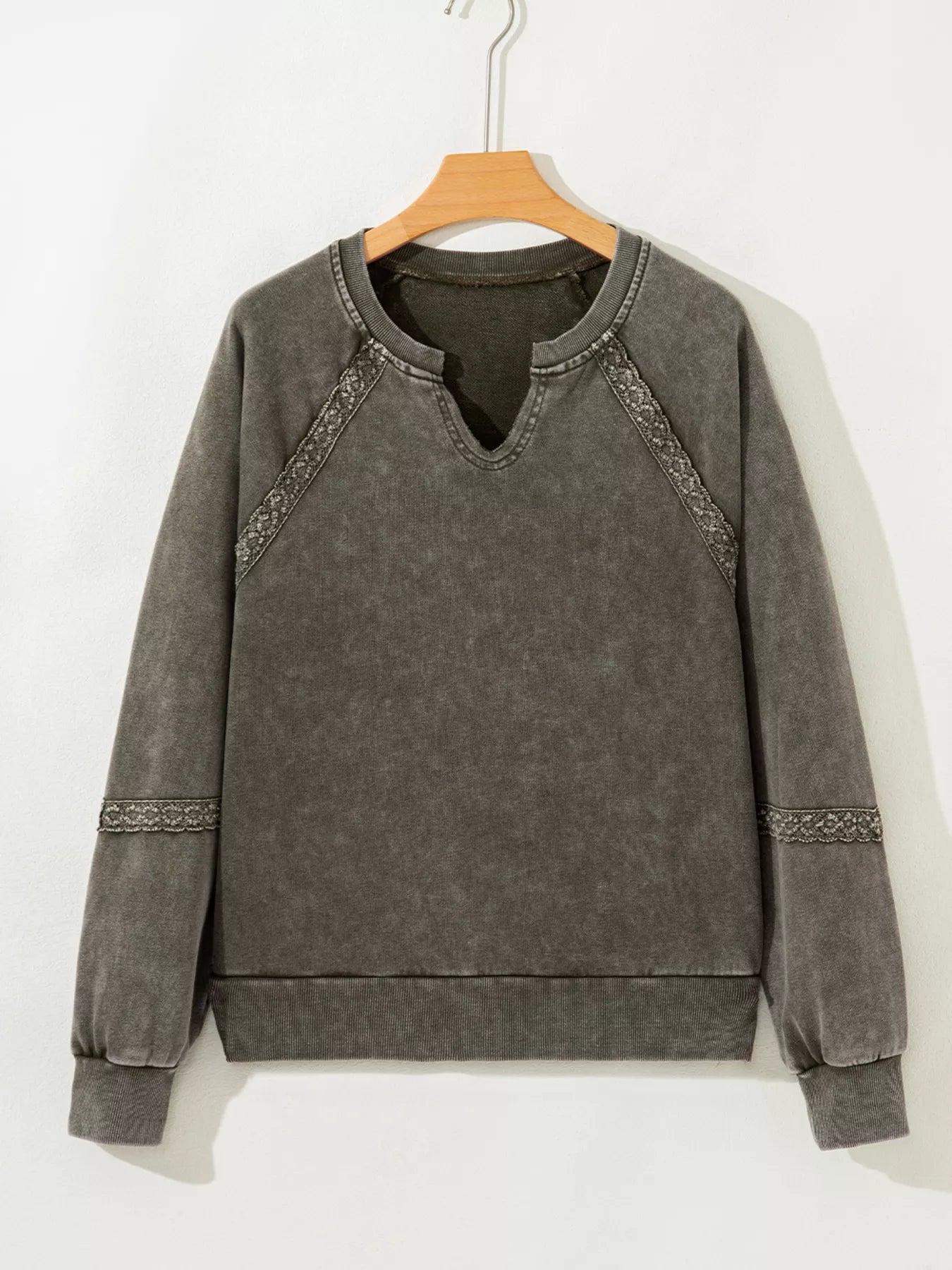 Lace Patchwork Detail Notched Mineral Wash Sweatshirt